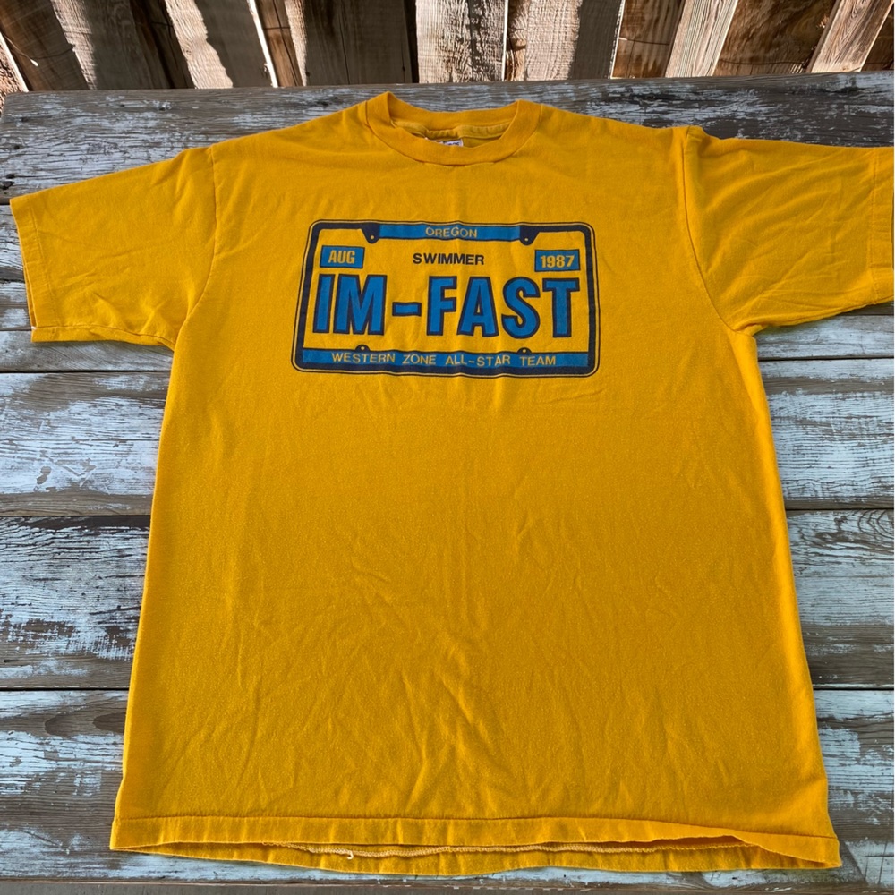 Vintage 1987 yellow t-shirt, Im Fast, swim team, size Large